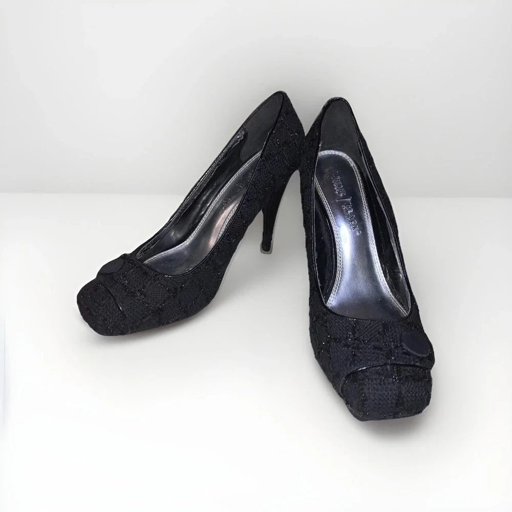 White House Black Market Edison Pumps Womens 8.5 Black Tweed Metallic Heels Glam